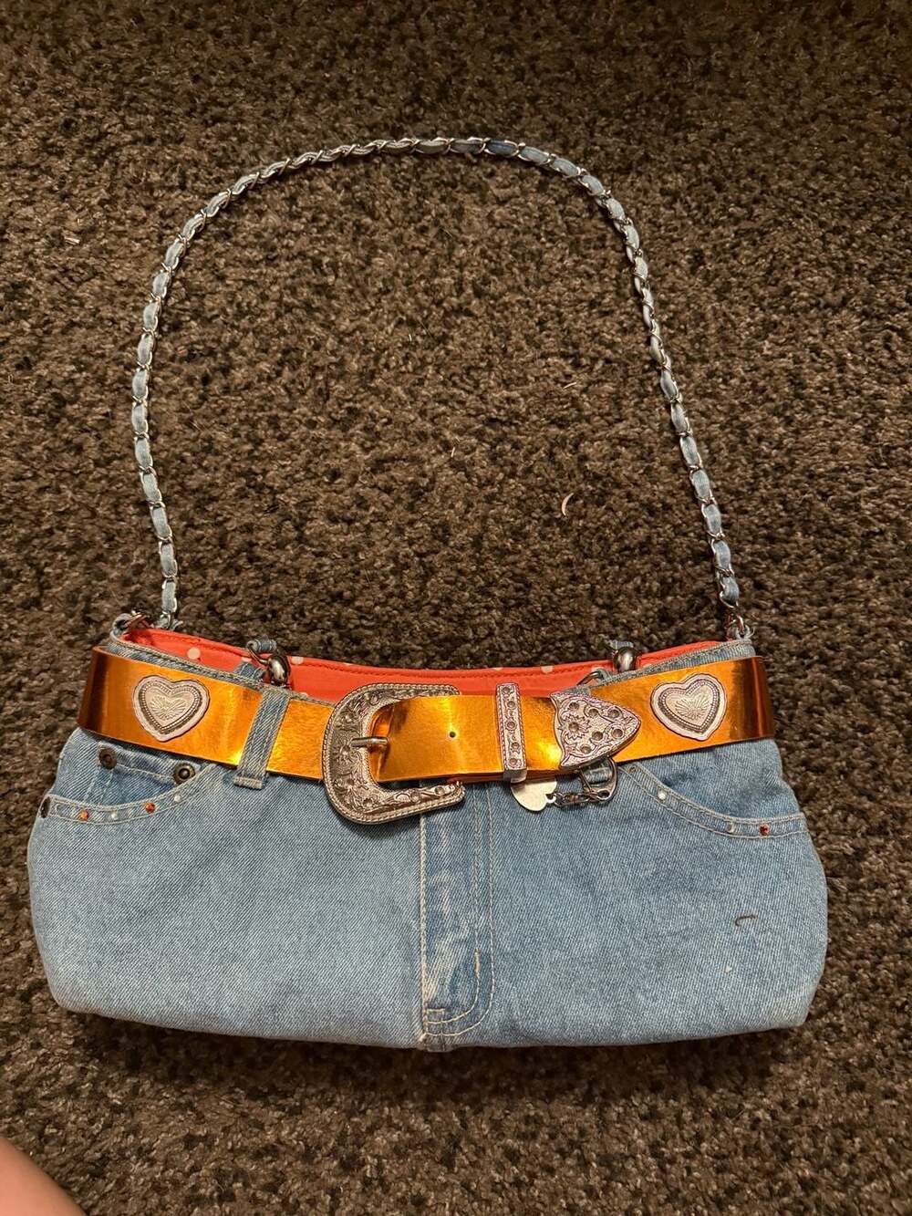 ABJ Jeans Cowgirl Style Denim Purse with Orange Metallic Belt and Beaded Handle